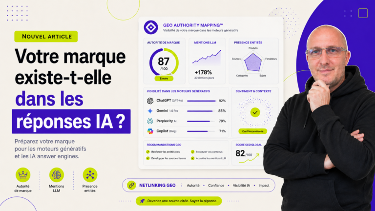 Préparer sa marque aux moteurs génératifs : au-delà du SEO, une question d'autorité 2 Cyril Garitey présentant la visibilité d’une marque dans les moteurs génératifs grâce au Netlinking GEO et au GEO Authority Mapping