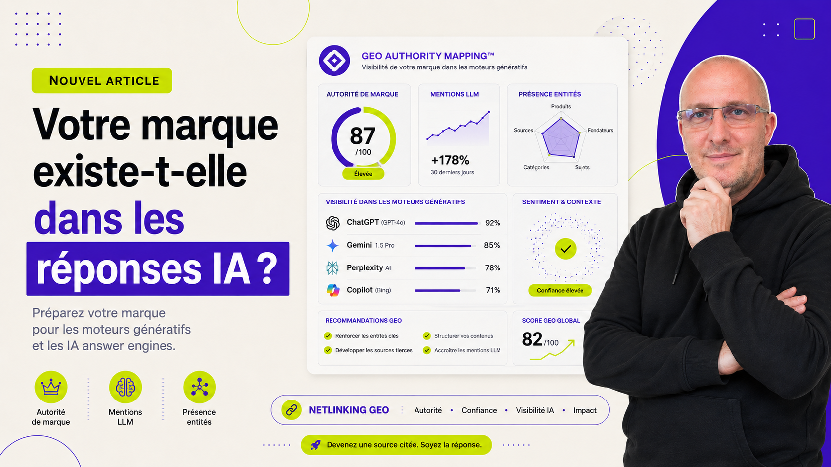 Cyril Garitey présentant la visibilité d’une marque dans les moteurs génératifs grâce au Netlinking GEO et au GEO Authority Mapping